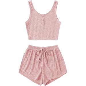 imageSOLY HUX Womens Button Front Ribbed Knit Tank Top and Shorts Pajama Set Sleepwear Lounge SetsPlain Light Pink