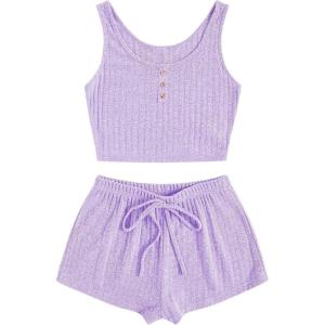 imageSOLY HUX Womens Button Front Ribbed Knit Tank Top and Shorts Pajama Set Sleepwear Lounge SetsPlain Lilac Purple