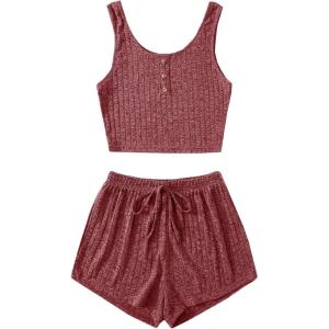 imageSOLY HUX Womens Button Front Ribbed Knit Tank Top and Shorts Pajama Set Sleepwear Lounge SetsPlain Red
