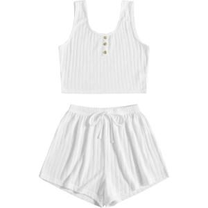 imageSOLY HUX Womens Button Front Ribbed Knit Tank Top and Shorts Pajama Set Sleepwear Lounge SetsPlain White