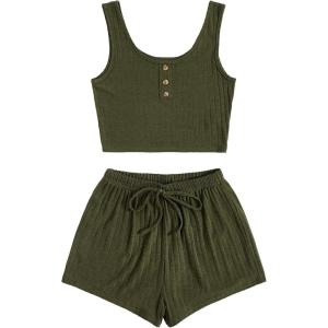 imageSOLY HUX Womens Button Front Ribbed Knit Tank Top and Shorts Pajama Set Sleepwear Lounge SetsPure Army Green