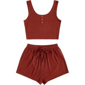 imageSOLY HUX Womens Button Front Ribbed Knit Tank Top and Shorts Pajama Set Sleepwear Lounge SetsPure Redwood