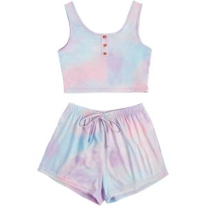 imageSOLY HUX Womens Button Front Ribbed Knit Tank Top and Shorts Pajama Set Sleepwear Lounge SetsPurple Tie Dye