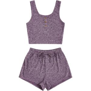 imageSOLY HUX Womens Button Front Ribbed Knit Tank Top and Shorts Pajama Set Sleepwear Lounge SetsSolid Purple