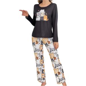 imageSOLY HUX Womens Cartoon Graphic Pajama Set Cute Cat Print Sleepwear Long Sleeve Tee Tops and Pants LoungewearBlack Cartoon