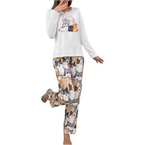 imageSOLY HUX Womens Cartoon Graphic Pajama Set Cute Cat Print Sleepwear Long Sleeve Tee Tops and Pants LoungewearWhite Cartoon