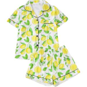 imageSOLY HUX Womens Cute Print Pajama Set Short Sleeve Sleepwear Button Down Shirt and Shorts LoungewearWhite Lemon