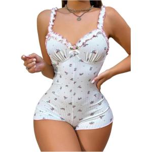 imageSOLY HUX Womens Floral Print Romper Pajama Frill Trim V Neck Sleeveless Short JumpsuitWhite Floral