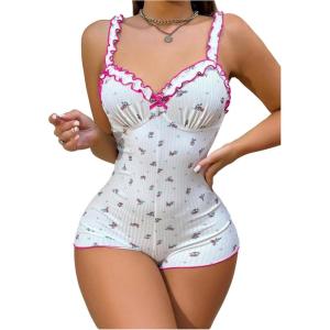 imageSOLY HUX Womens Floral Print Romper Pajama Frill Trim V Neck Sleeveless Short JumpsuitWhite Floral Print