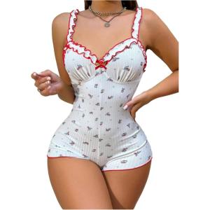 imageSOLY HUX Womens Floral Print Romper Pajama Frill Trim V Neck Sleeveless Short JumpsuitWhite Flower