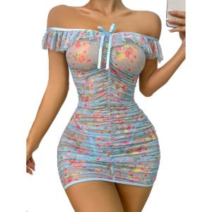 imageSOLY HUX Womens Floral Print Ruched Mesh Babydoll Lingerie Sleepwear Chemise with ThongBlue Floral