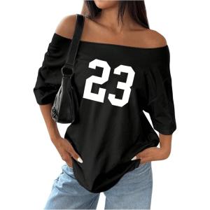 imageSOLY HUX Womens Jersey Shirts Oversized Grunge Graphic Tees Off The Shoulder Y2k Streetwear Short Sleeve Summer TopsBlack Number