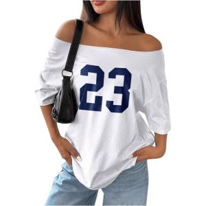 imageSOLY HUX Womens Jersey Shirts Oversized Grunge Graphic Tees Off The Shoulder Y2k Streetwear Short Sleeve Summer TopsWhite Number