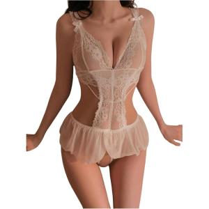 imageSOLY HUX Womens Lace Cut Out Teddy Bodysuit Lingerie V Neck Ruffle Hem Babydoll SleepwearPure White