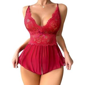 imageSOLY HUX Womens Lace Teddy Lingerie Spaghetti Strap Bodysuit Babydoll SleepwearPlain Burgundy