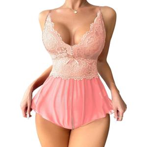 imageSOLY HUX Womens Lace Teddy Lingerie Spaghetti Strap Bodysuit Babydoll SleepwearPlain Pink