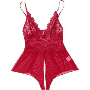 imageSOLY HUX Womens Lace Teddy Lingerie Spaghetti Strap Bodysuit Babydoll SleepwearPure Burgundy