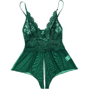 imageSOLY HUX Womens Lace Teddy Lingerie Spaghetti Strap Bodysuit Babydoll SleepwearPure Green