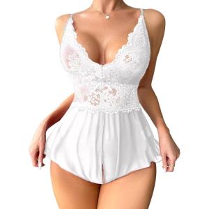 imageSOLY HUX Womens Lace Teddy Lingerie Spaghetti Strap Bodysuit Babydoll SleepwearPure White