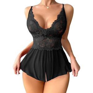 imageSOLY HUX Womens Lace Teddy Lingerie Spaghetti Strap Bodysuit Babydoll SleepwearSolid Black
