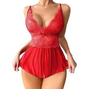 imageSOLY HUX Womens Lace Teddy Lingerie Spaghetti Strap Bodysuit Babydoll SleepwearSolid Red
