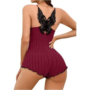 imageSOLY HUX Womens Lace Trim One Piece Sleepwear Spaghetti Strap Cami Romper Pajamas LoungewearBurgundy and Black