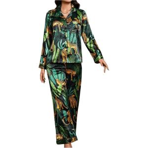 imageSOLY HUX Womens Leopard Print Silk Satin Pajama Set Long Sleeve Button Down Shirt Pj Set 2 Piece SleepwearBlack Tropical