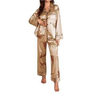 imageSOLY HUX Womens Leopard Print Silk Satin Pajama Set Long Sleeve Button Down Shirt Pj Set 2 Piece SleepwearChampagne Leopard Print