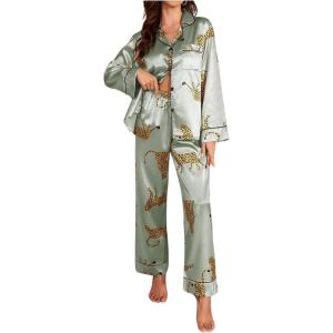 imageSOLY HUX Womens Leopard Print Silk Satin Pajama Set Long Sleeve Button Down Shirt Pj Set 2 Piece SleepwearGreen Leopard