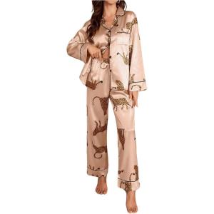 imageSOLY HUX Womens Leopard Print Silk Satin Pajama Set Long Sleeve Button Down Shirt Pj Set 2 Piece SleepwearLight Pink Leopard