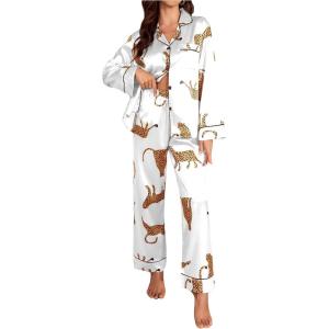 imageSOLY HUX Womens Leopard Print Silk Satin Pajama Set Long Sleeve Button Down Shirt Pj Set 2 Piece SleepwearWhite Leopard