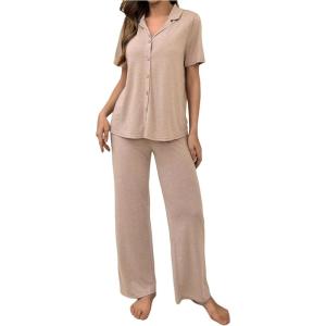 imageSOLY HUX Womens Pajama Set Short Sleeve Sleepwear Summer Button Down Shirt and Pants LoungewearPlain Brown