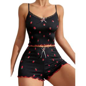 imageSOLY HUX Womens Pajama Set Strawberry Print Lace Trim Cami Top and Shorts Lounge Sets SleepwearBlack Strawberry