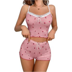 imageSOLY HUX Womens Pajama Set Strawberry Print Lace Trim Cami Top and Shorts Lounge Sets SleepwearDusty Pink Strawberry