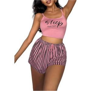 imageSOLY HUX Womens Pajama Set Striped Letter Print Sleepwear Cami Tops and Shorts LoungewearDusty Pink Letter