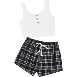 imageSOLY HUX Womens Pajama Sets 2 Piece Lounge Sets Button Tank Top and Plaid Shorts SleepwearBlack and White