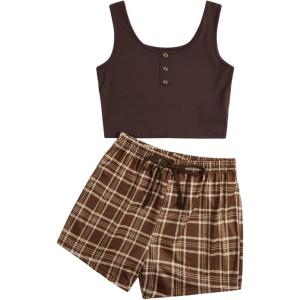 imageSOLY HUX Womens Pajama Sets 2 Piece Lounge Sets Button Tank Top and Plaid Shorts SleepwearBrown Plaid