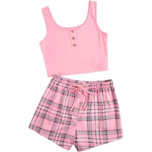 imageSOLY HUX Womens Pajama Sets 2 Piece Lounge Sets Button Tank Top and Plaid Shorts SleepwearPink Plaid
