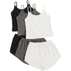 imageSOLY HUX Womens Pajama Sets Lounge Sets Ribbed Knit Cami Crop Top and Shorts Sleepwear PJ 3 SetsBlack Grey White