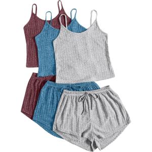imageSOLY HUX Womens Pajama Sets Lounge Sets Ribbed Knit Cami Crop Top and Shorts Sleepwear PJ 3 SetsRed Blue Gey