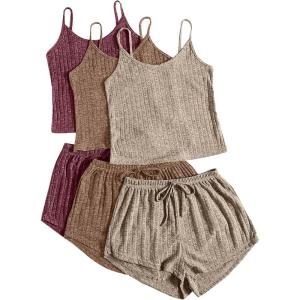 imageSOLY HUX Womens Pajama Sets Lounge Sets Ribbed Knit Cami Crop Top and Shorts Sleepwear PJ 3 SetsRed Brown Khaki