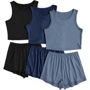 imageSOLY HUX Womens Pajamas 6 Piece Sleeveless Tank Top and Shorts Lounge Set SleepwearDark Blue Black Multi