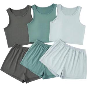imageSOLY HUX Womens Pajamas 6 Piece Sleeveless Tank Top and Shorts Lounge Set SleepwearGreen Grey Multi