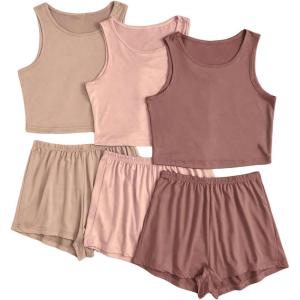 imageSOLY HUX Womens Pajamas 6 Piece Sleeveless Tank Top and Shorts Lounge Set SleepwearKhaki Brown Multi