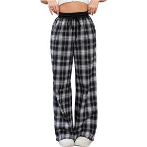 imageSOLY HUX Womens Plaid Checkered Pants Flannel Pajama Pants Lounge Wide Leg Baggy Sweatpants with PocketsBlack and White