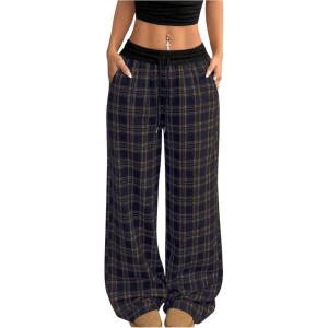 imageSOLY HUX Womens Plaid Checkered Pants Flannel Pajama Pants Lounge Wide Leg Baggy Sweatpants with PocketsBlue Plaid