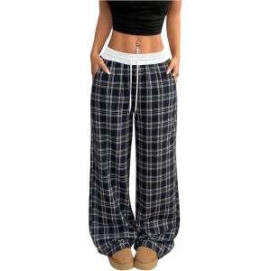 imageSOLY HUX Womens Plaid Checkered Pants Flannel Pajama Pants Lounge Wide Leg Baggy Sweatpants with PocketsBlue and White Plaid