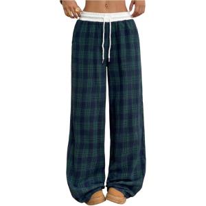 imageSOLY HUX Womens Plaid Checkered Pants Flannel Pajama Pants Lounge Wide Leg Baggy Sweatpants with PocketsGreen Plaid