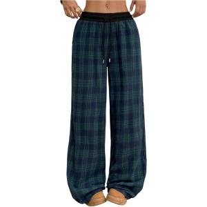 imageSOLY HUX Womens Plaid Checkered Pants Flannel Pajama Pants Lounge Wide Leg Baggy Sweatpants with PocketsGreen Tartan