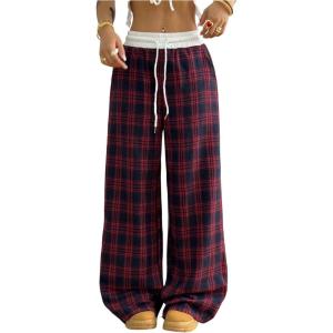 imageSOLY HUX Womens Plaid Checkered Pants Flannel Pajama Pants Lounge Wide Leg Baggy Sweatpants with PocketsRed and White Plaid